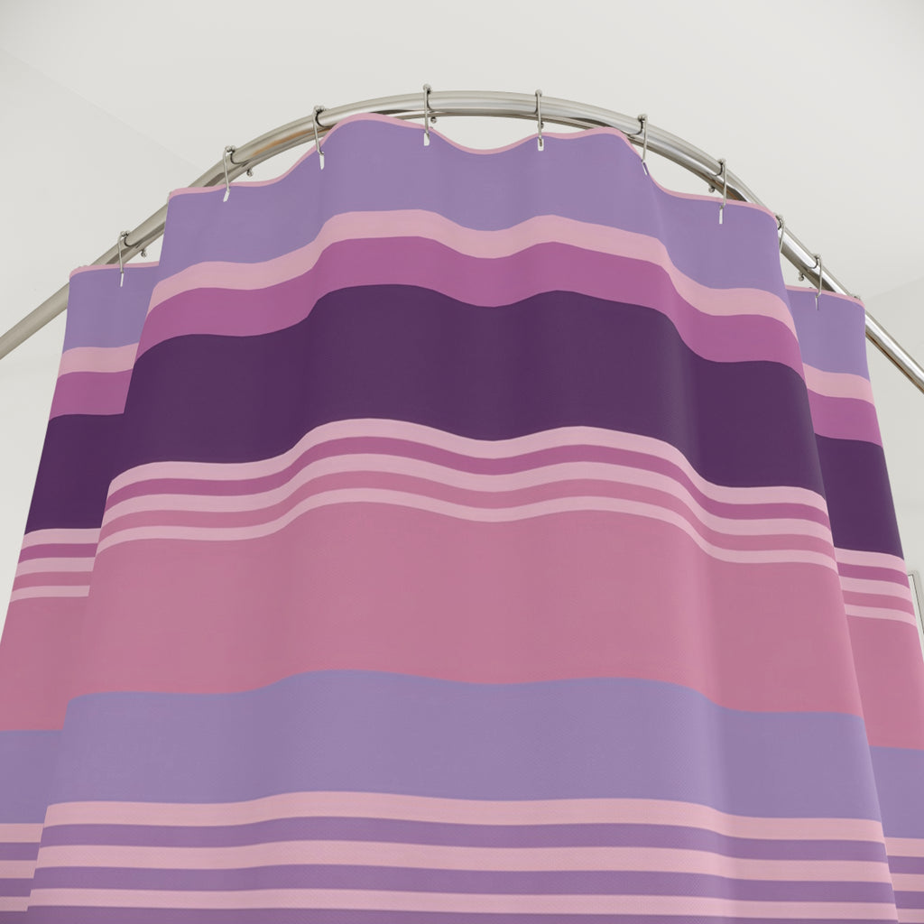 Horizontal stripes in dusty rose pink, lavender and plum shower curtain with close-up print, hooks, and folds