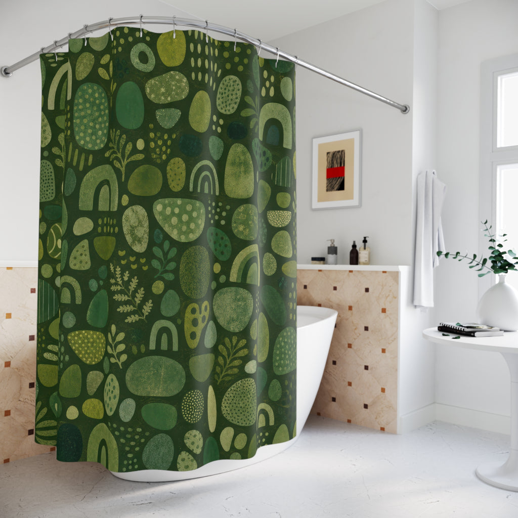 Boho Shower Curtain, Green Abstract Bath Decor, Sage Arch Pebble Pattern, Modern Guest Bathroom Decor, Playful Earthy Style