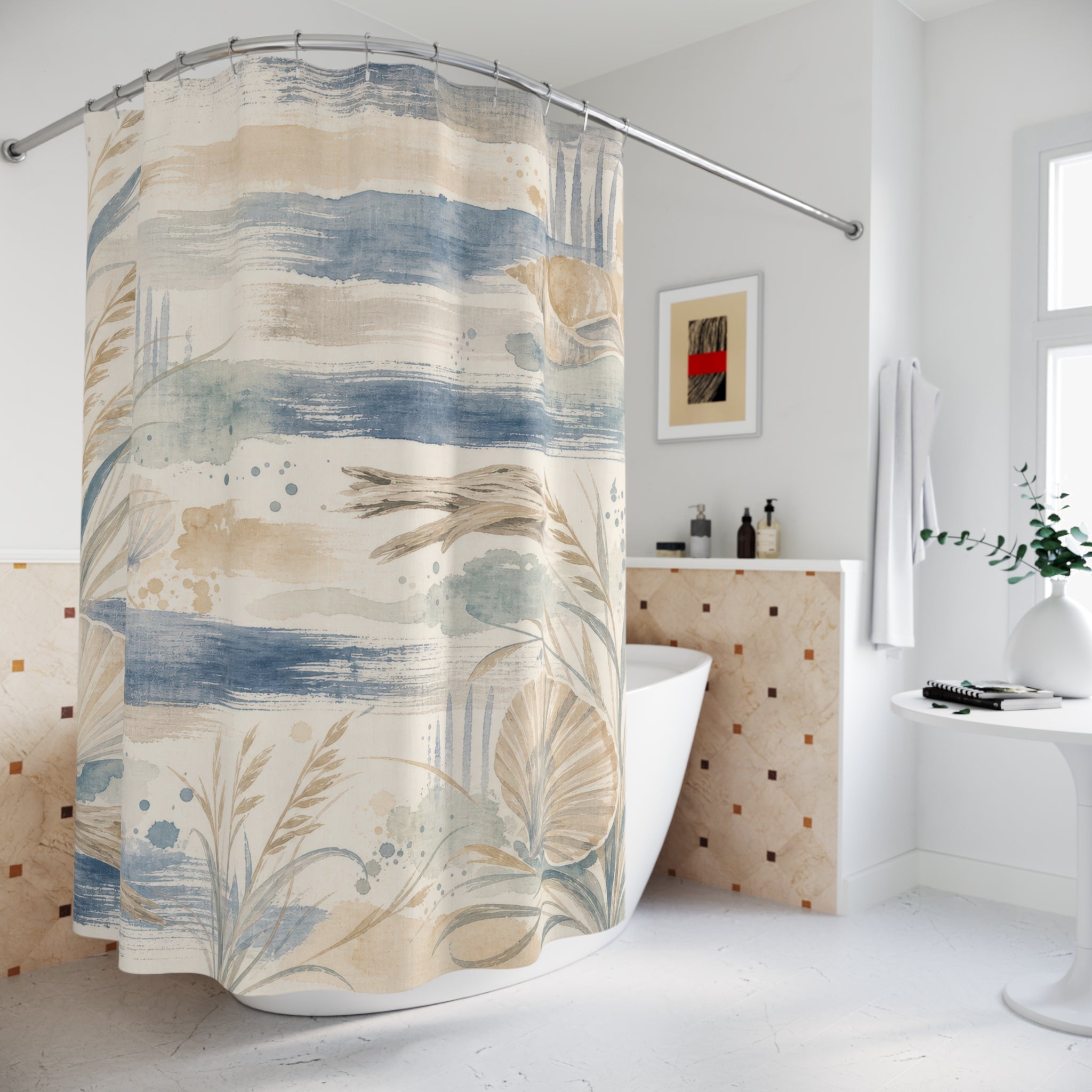 Coastal Farmhouse Beach Cottage Cottagecore Beige Blue Shower Curtain