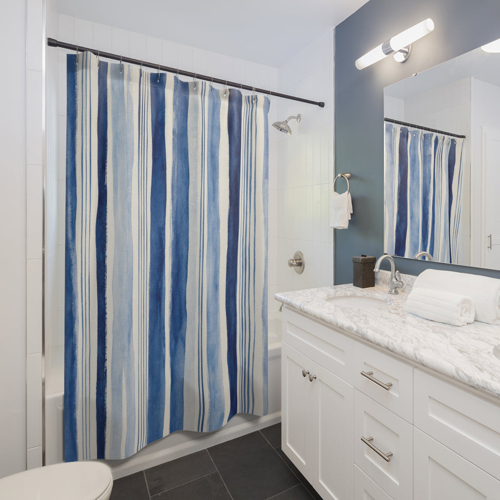 Blue Ticking Stripe Shower Curtain, Blue White Classic Bathroom Decor, Ticking Stripe Bath Curtain, Guest Bath Decor, Small Bathroom Decor