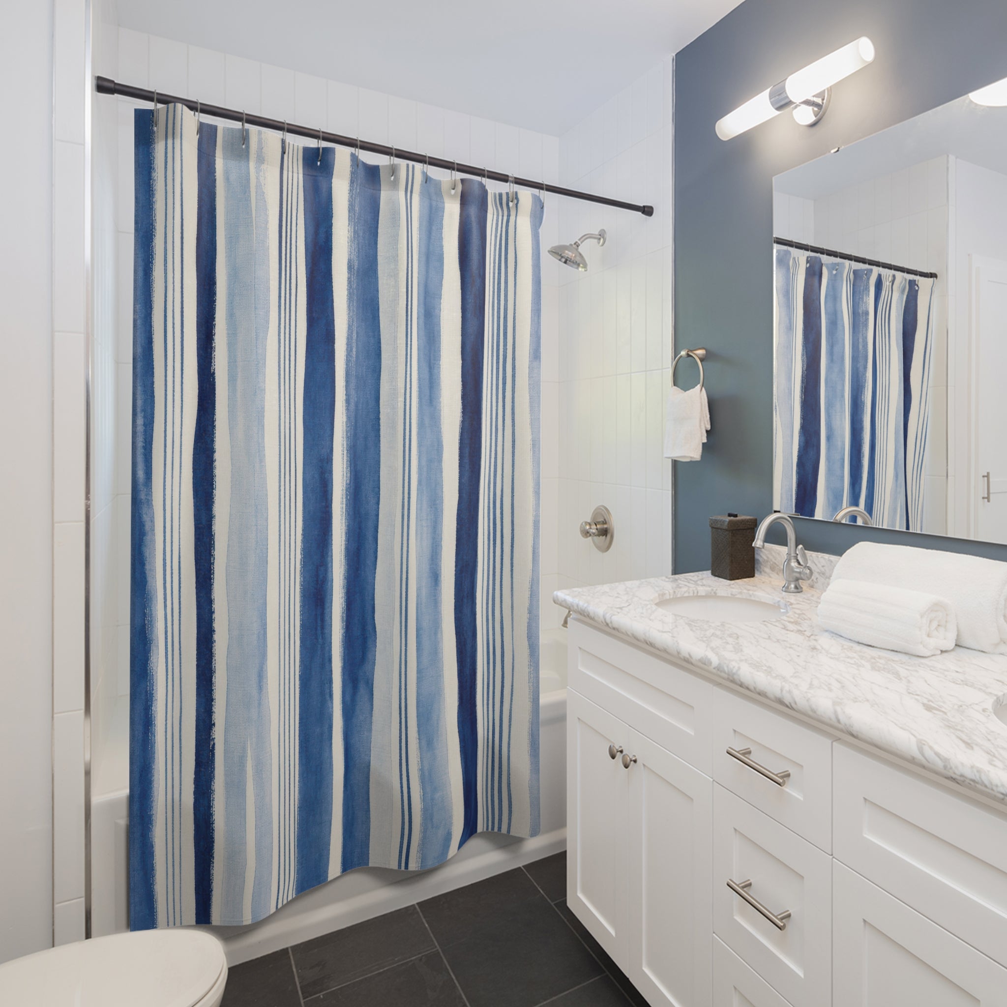 Blue Ticking Stripe Shower Curtain, Blue White Classic Bathroom Decor, Ticking Stripe Bath Curtain, Guest Bath Decor, Small Bathroom Decor