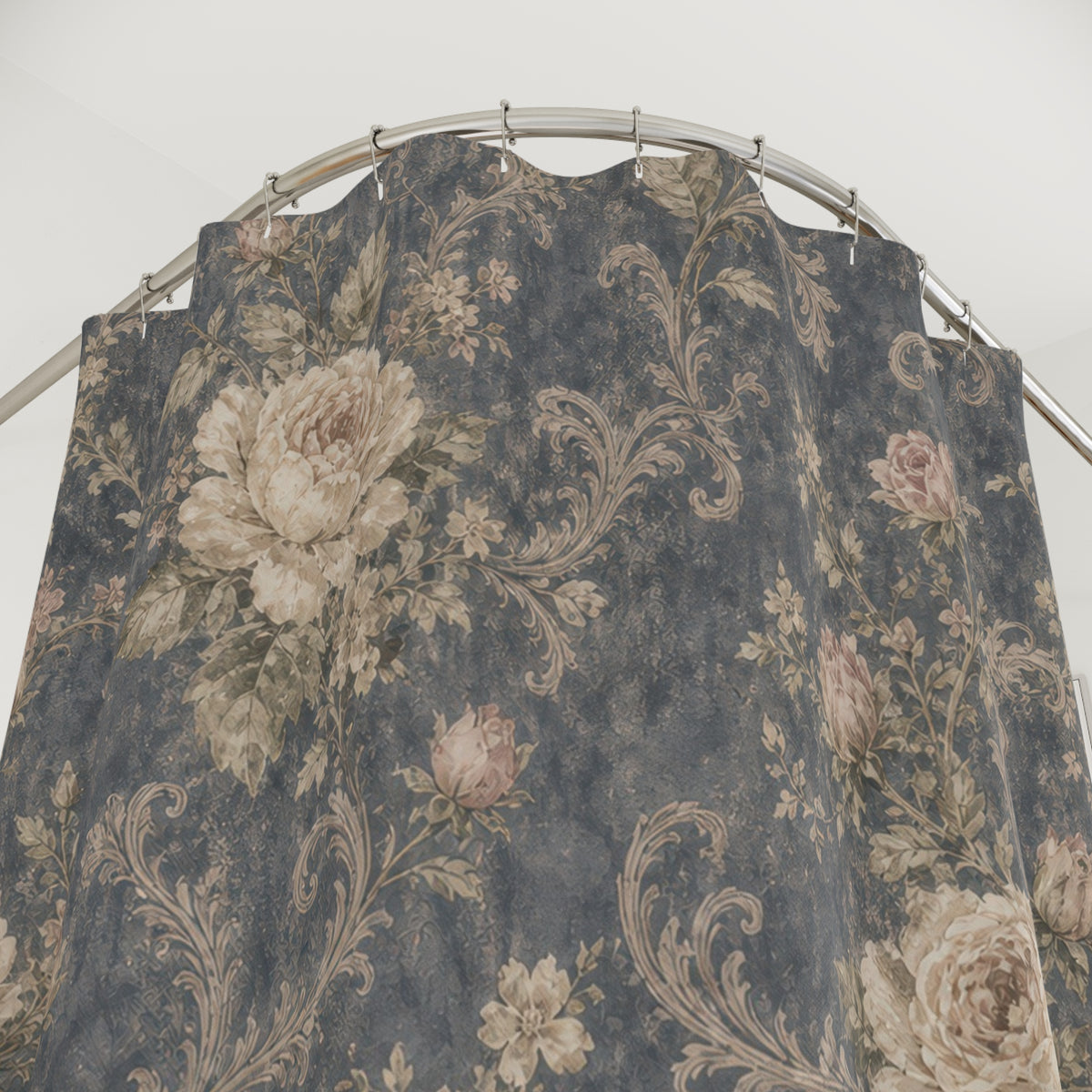 Slate Blue Vintage Rose dark shower curtain with close-up print, hooks, and folds
