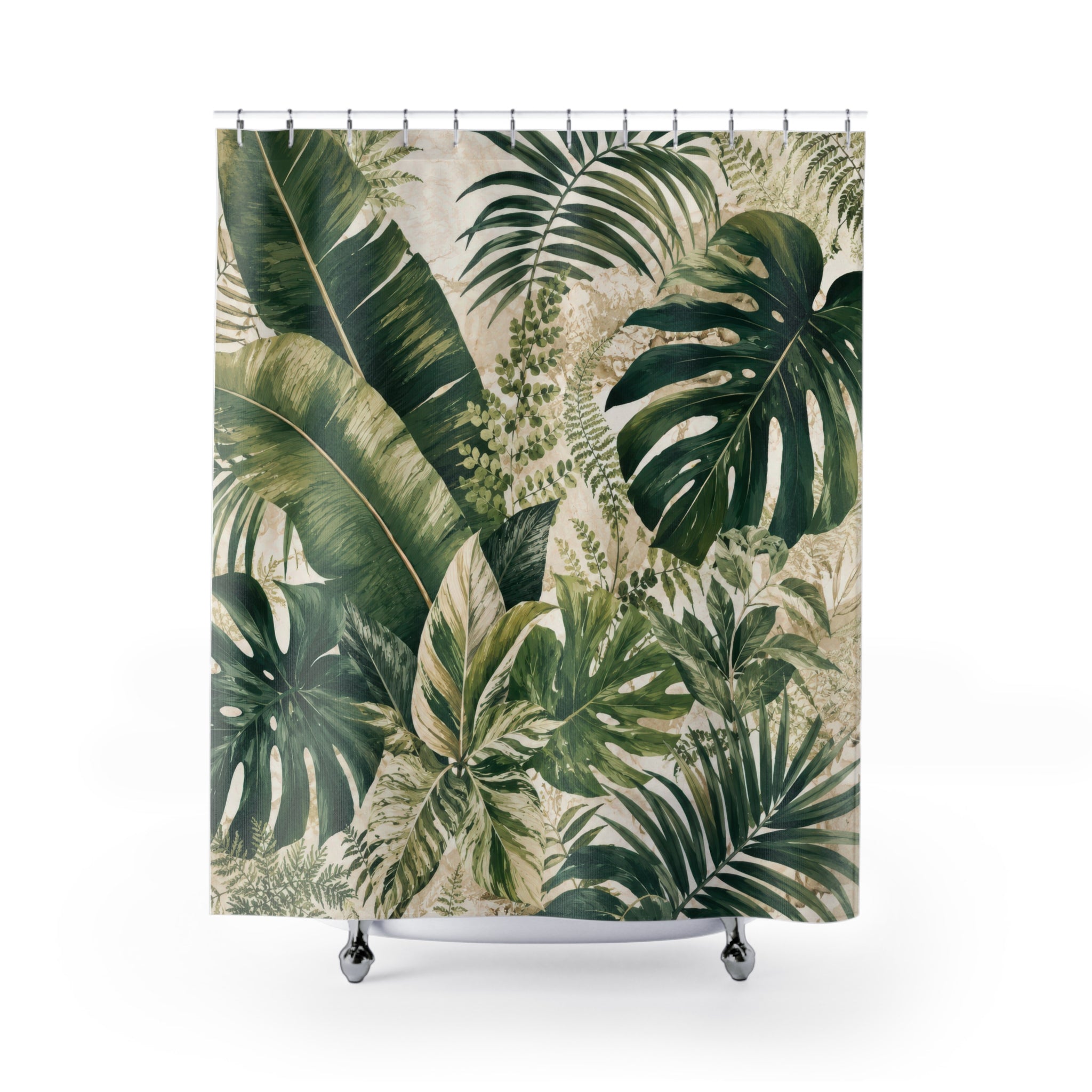 Green Beige Tropical Leaf Shower Curtain: Monstera Palm