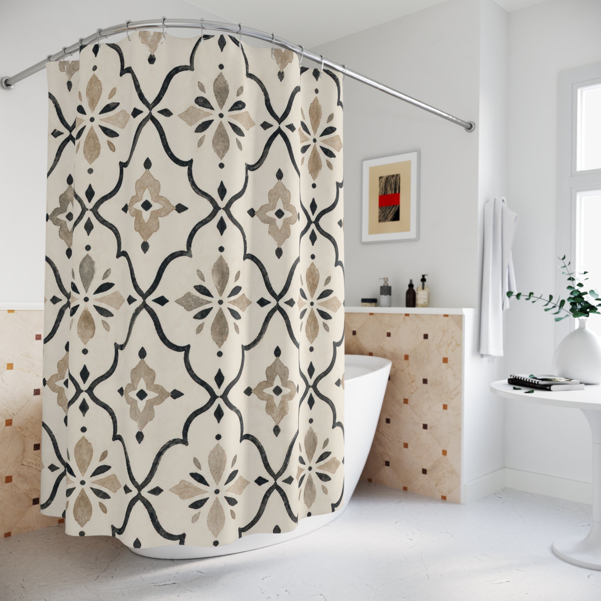Black Beige Moroccan Ogee Shower Curtain