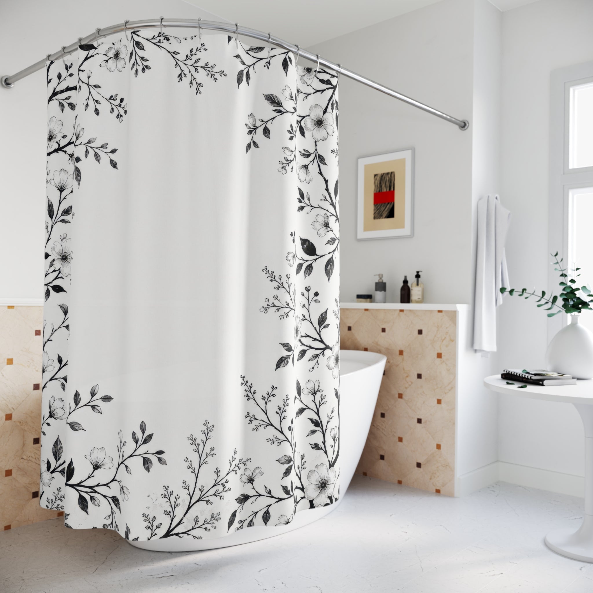 Black White Vine Border Shower Curtain