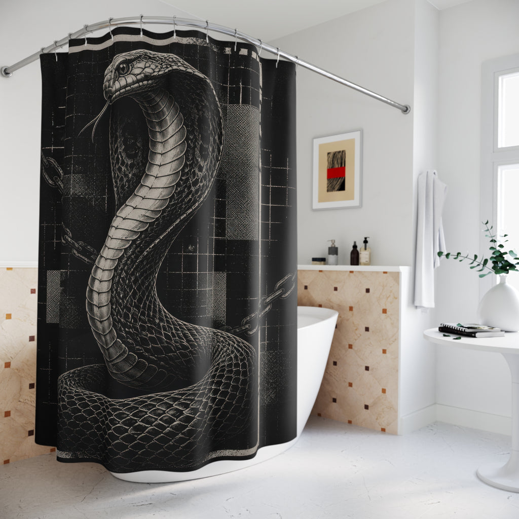 Black and grey cobra rising through chains and broken grid bars shower curtain beside a freestanding tub
