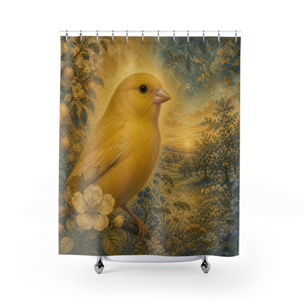 Oversized golden canary in a dusky blue orchard shower curtain with full front view