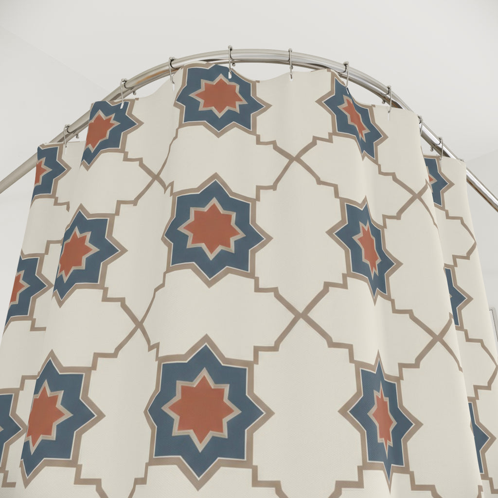 Blue stars with terracotta centers and ivory cross shapes shower curtain with close-up print, hooks, and folds