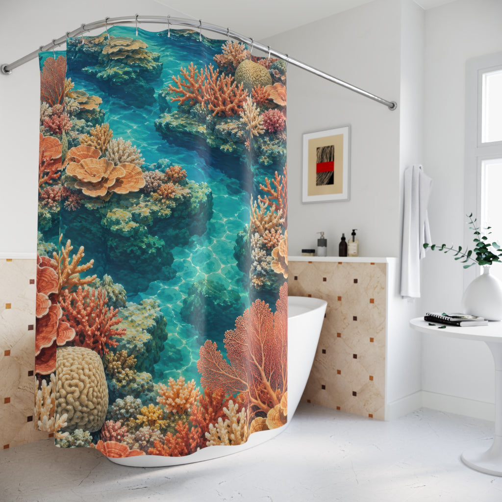 Terracotta coral reefs in turquoise water shower curtain beside a freestanding tub