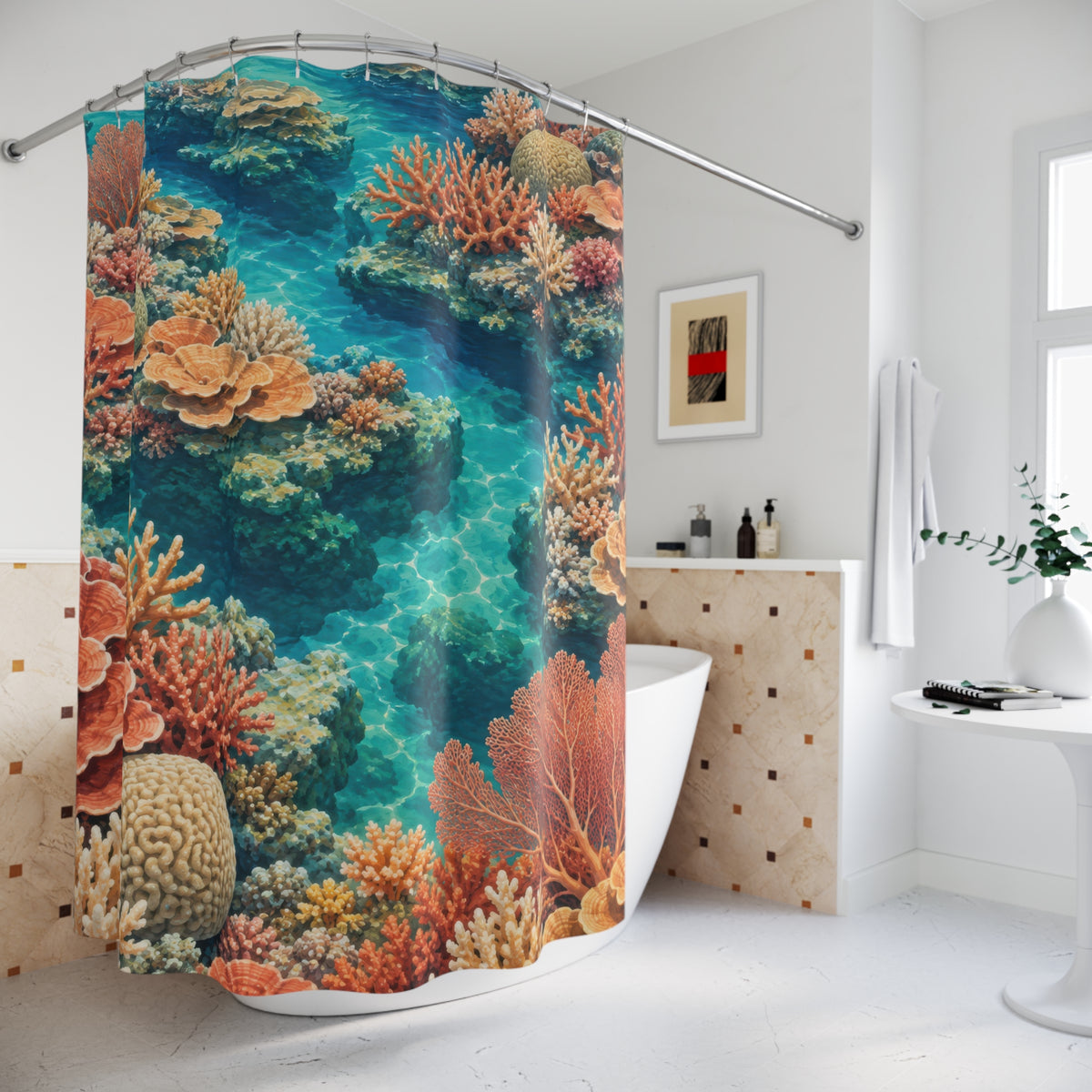 Terracotta coral reefs in turquoise water shower curtain beside a freestanding tub