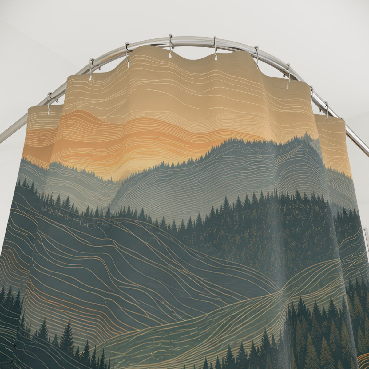 Topographic contour lines across forested mountain ridges shower curtain with close-up print, hooks, and folds