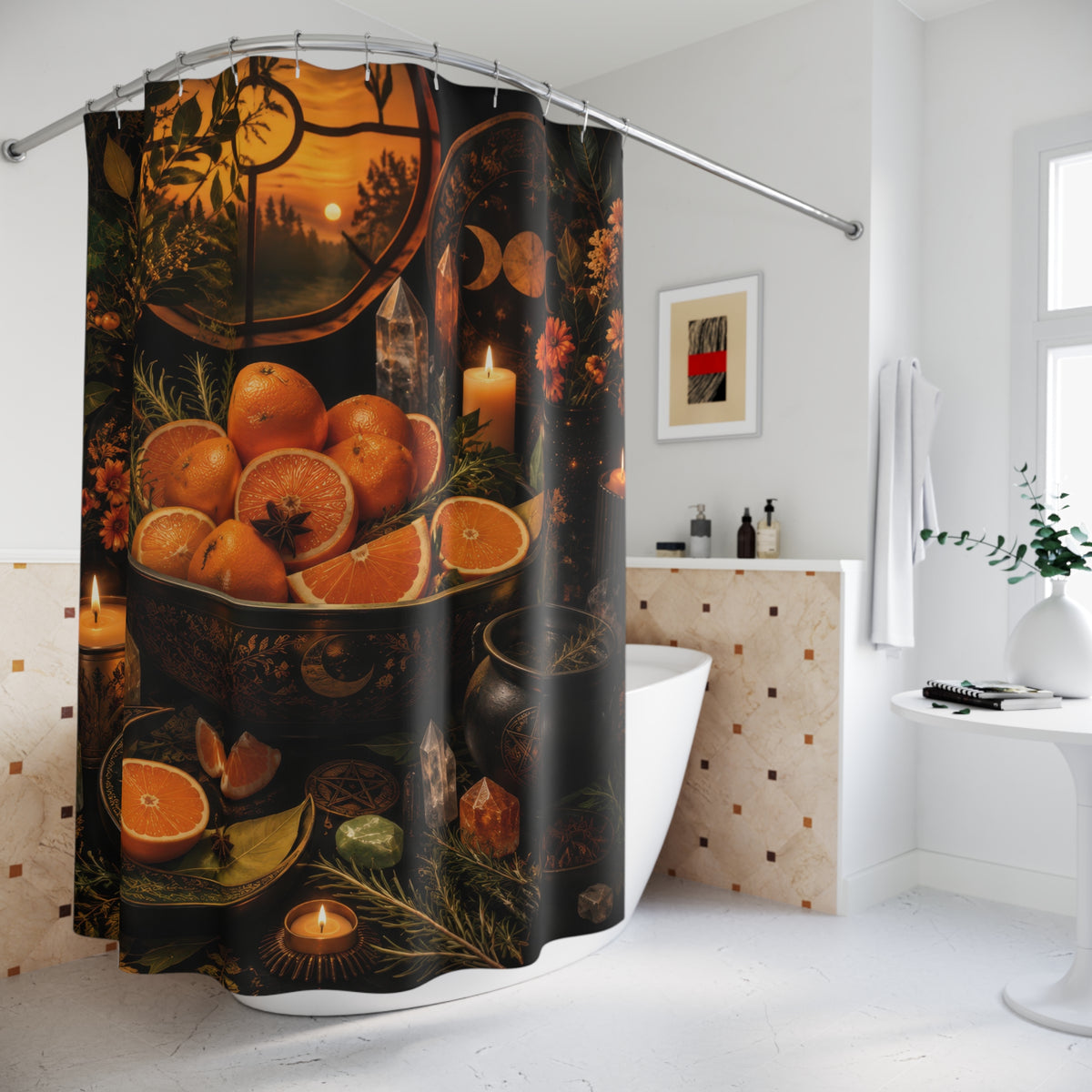 Wiccan autumn kitchen altar with oranges herbs and cauldron shower curtain beside a freestanding tub