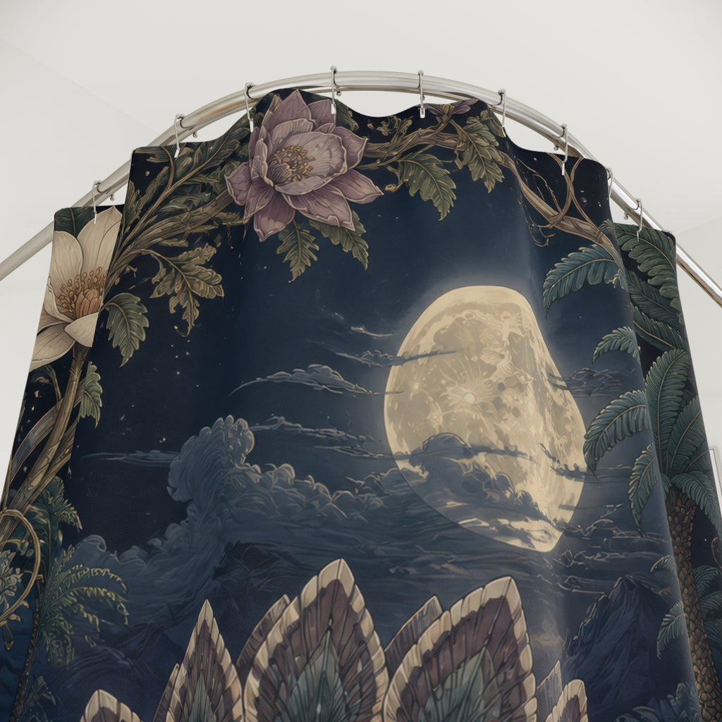 Moonlit stegosaurus among blue leaves and pale flowers shower curtain with close-up print, hooks, and folds