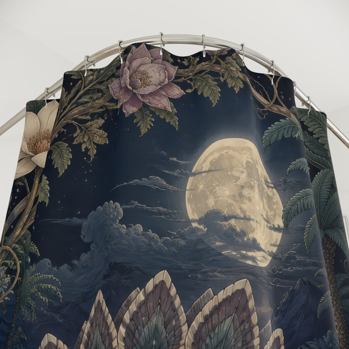 Moonlit stegosaurus among blue leaves and pale flowers shower curtain with close-up print, hooks, and folds