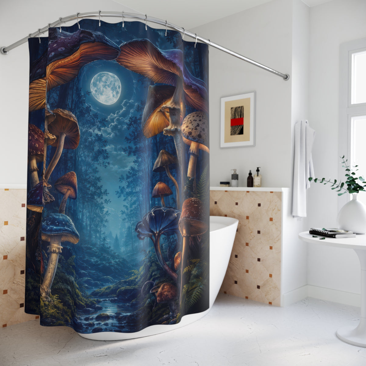 Moonlit mushroom forest with glowing amber gills shower curtain beside a freestanding tub