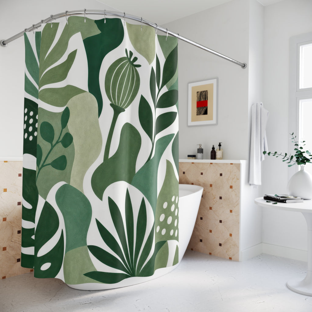 Green White Large Leaf Shower Curtain