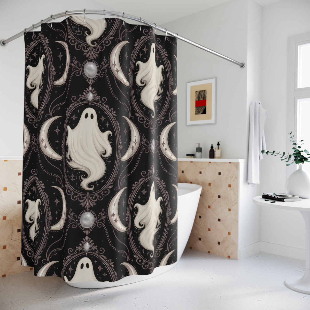 Ivory white ghost cameos with mauve crescents shower curtain beside a freestanding tub