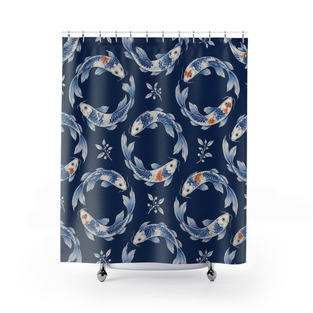 Ivory and blue Chinoiserie koi on indigo shower curtain with full front view