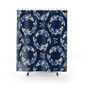 Ivory and blue Chinoiserie koi on indigo shower curtain with full front view