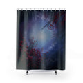 Crimson winter berries around an icy blue halo shower curtain with full front view