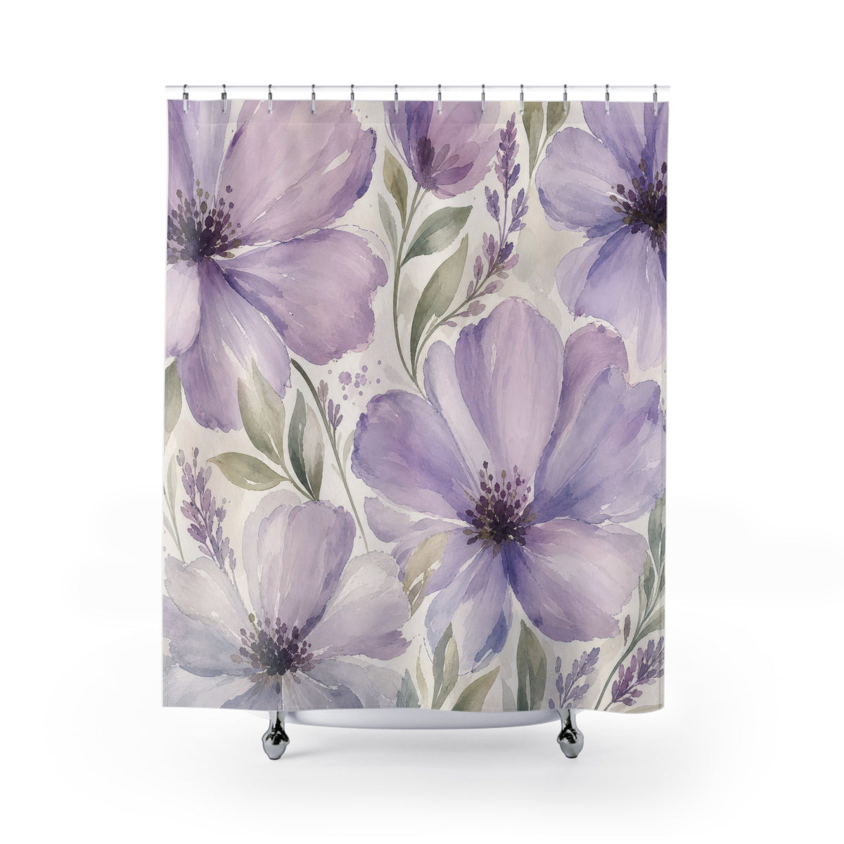 Lavender Modern Flower purple floral shower curtain with full front view