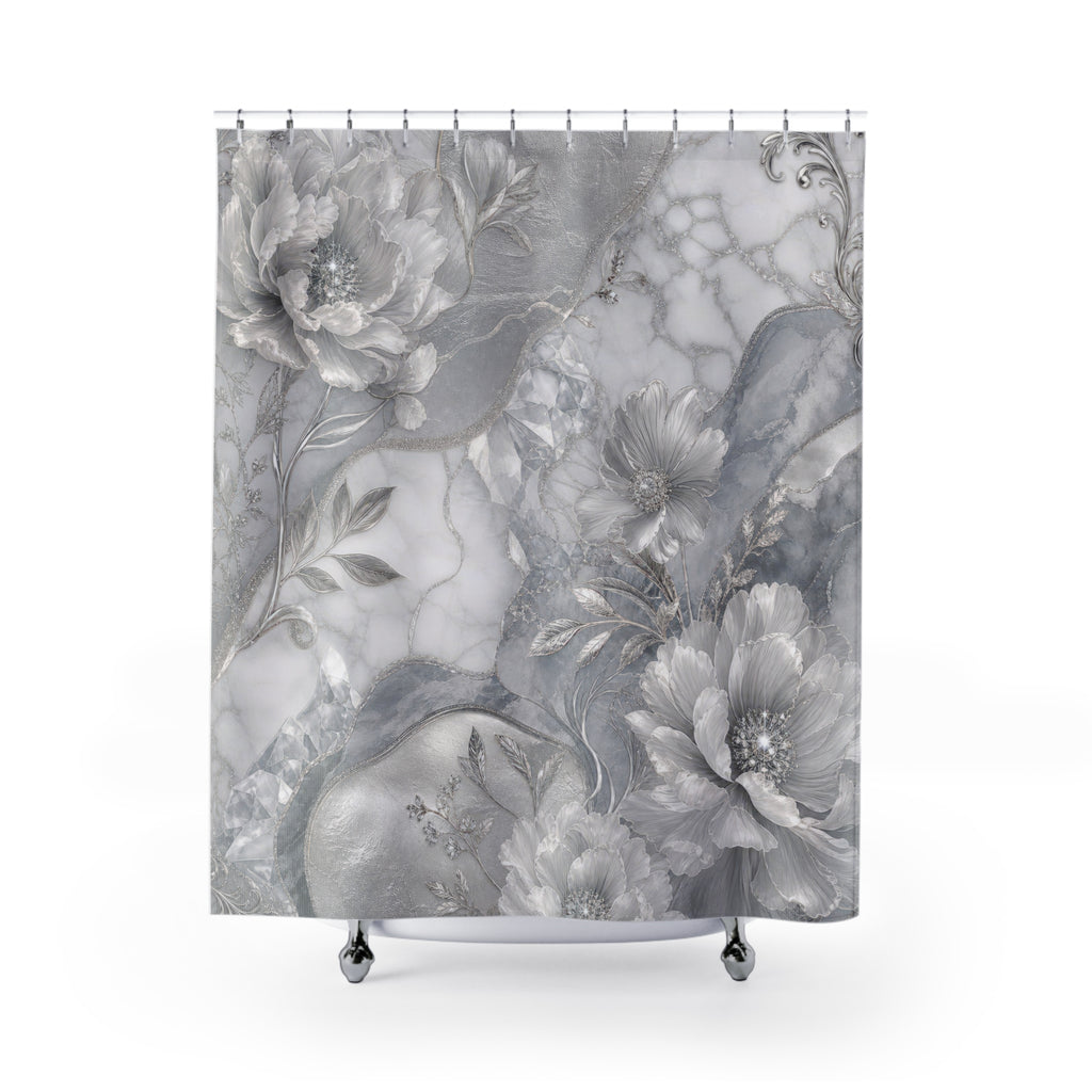 Silver Shower Curtain: Grey Marble Floral Pattern