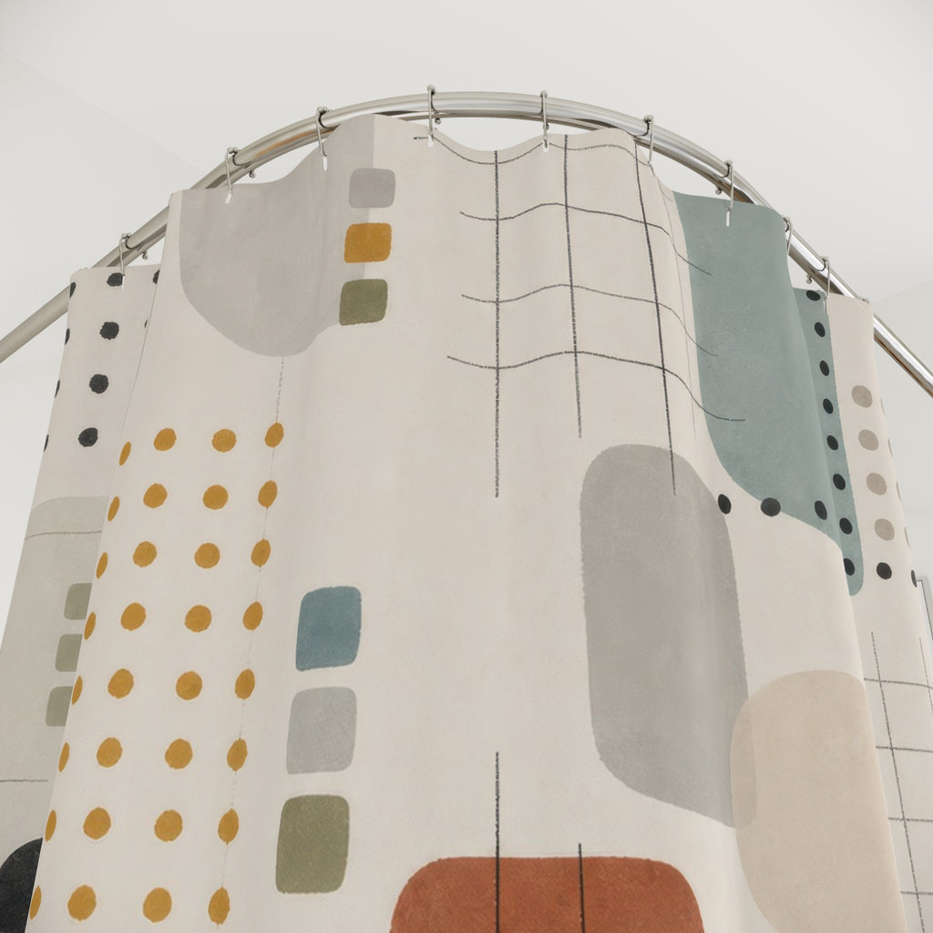 Abstract Geometric Shower Curtain, Dotted Grid Pattern, Soft Blue Sage Orange Modern Bathroom Decor, Minimal Bauhaus Bath Style, Light