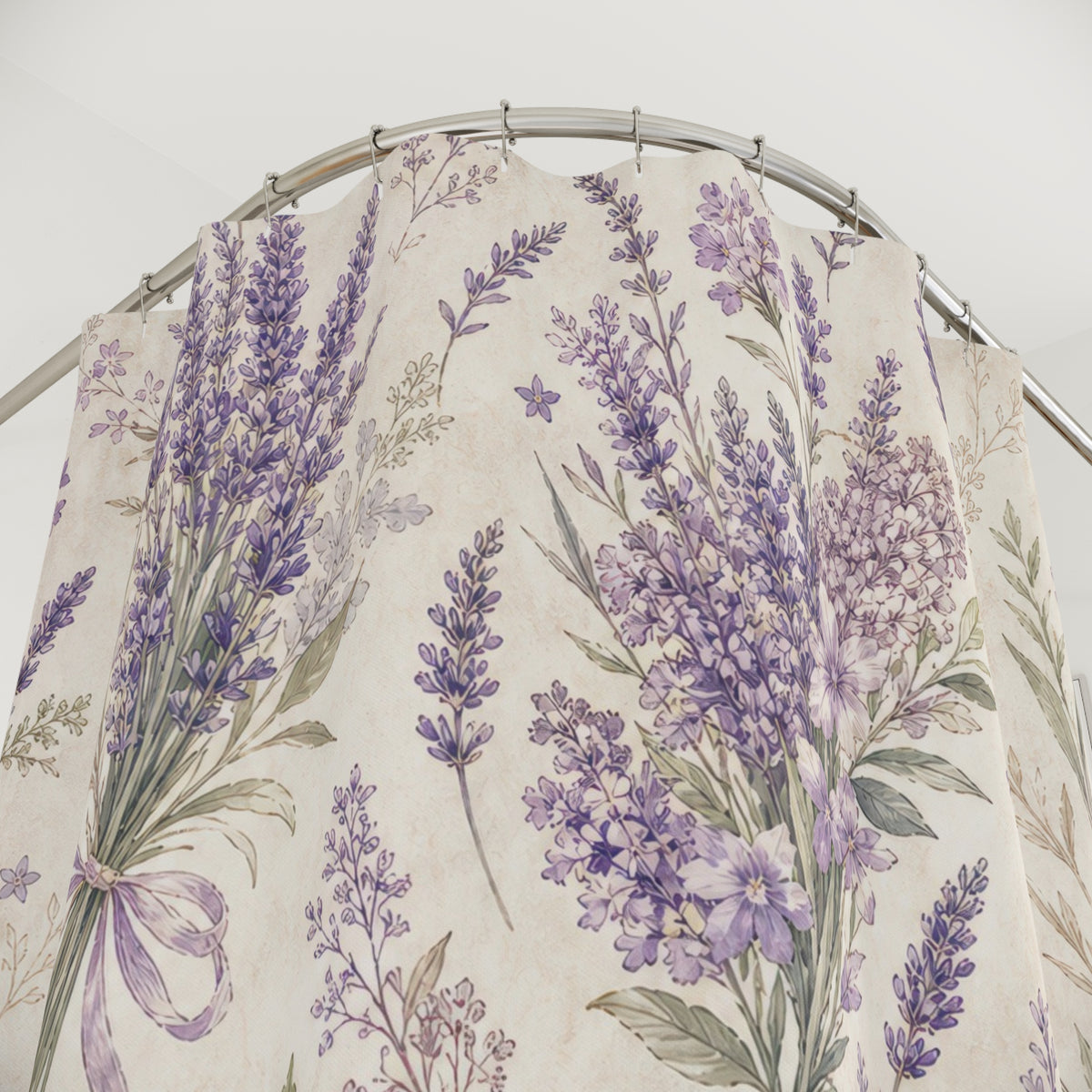 Purple Floral vintage lavender cottage shower curtain with close-up print, hooks, and folds