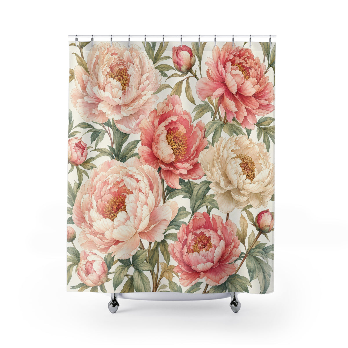 Pink Cream Floral Botanical peony shower curtain with full front view