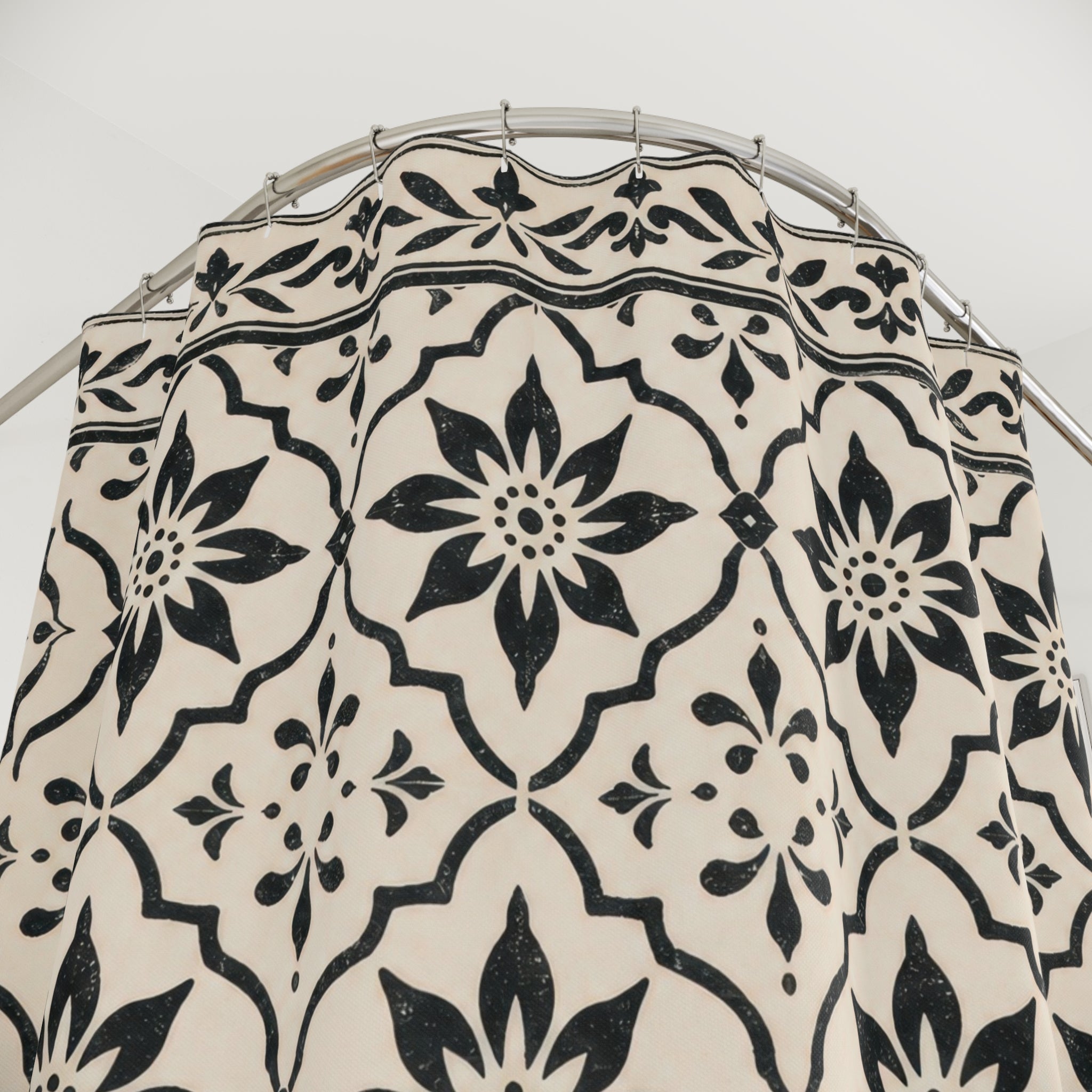 Black Cream Floral Medallion Shower Curtain