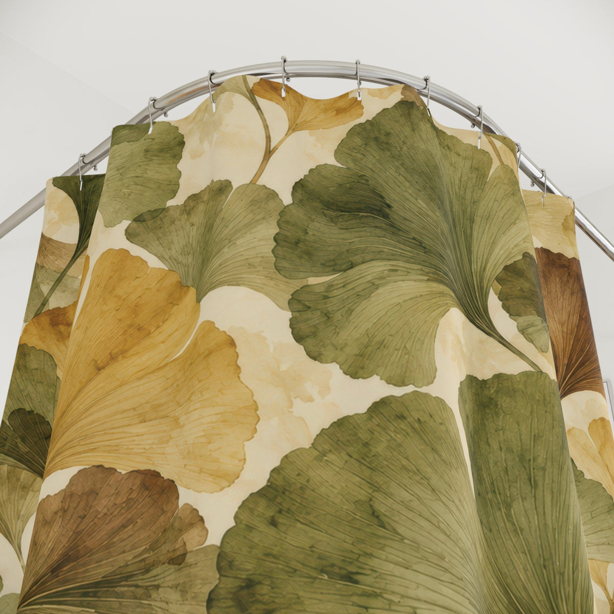 Olive and ochre ginkgo fans with brown leaves shower curtain with close-up print, hooks, and folds
