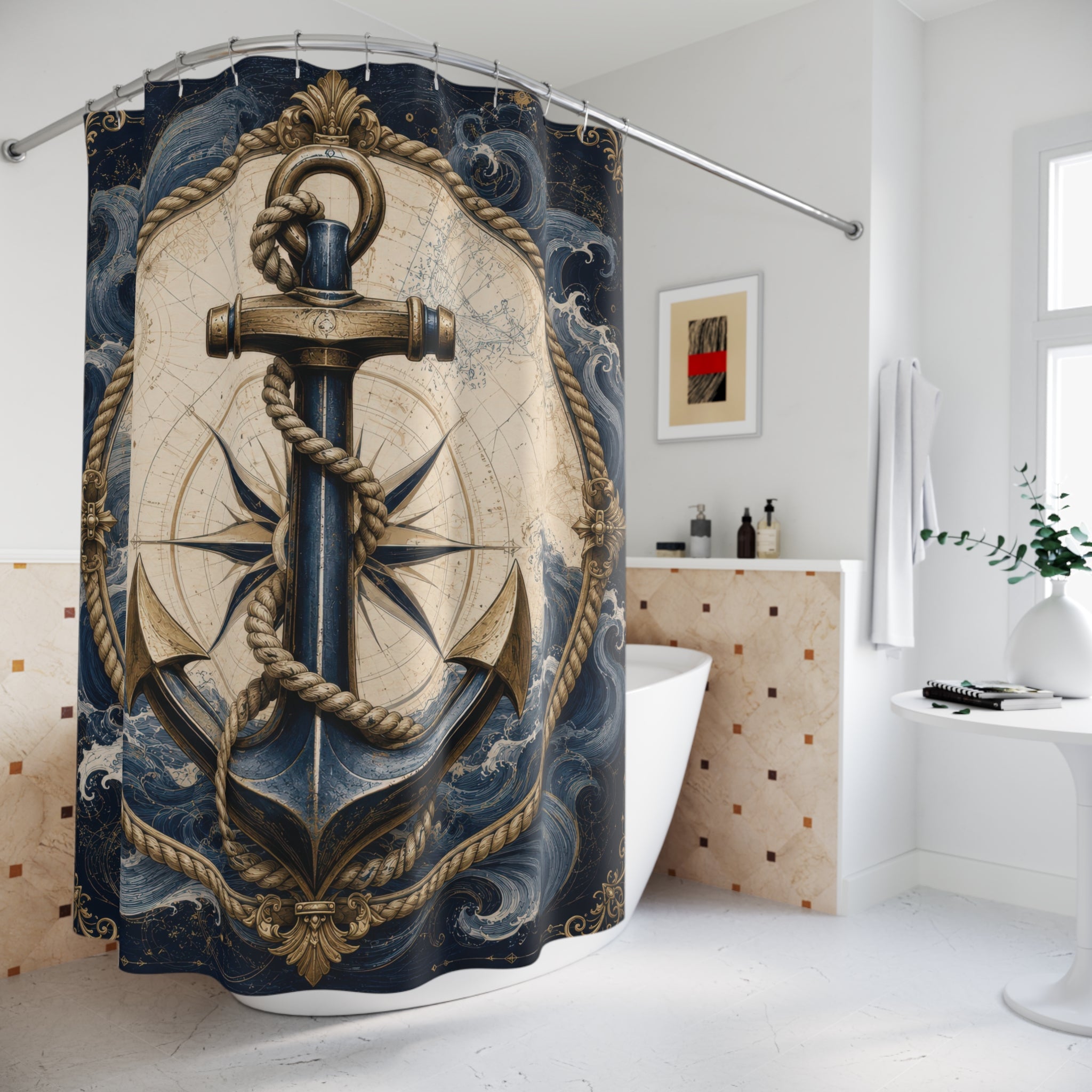 Navy Nautical Anchor Shower Curtain