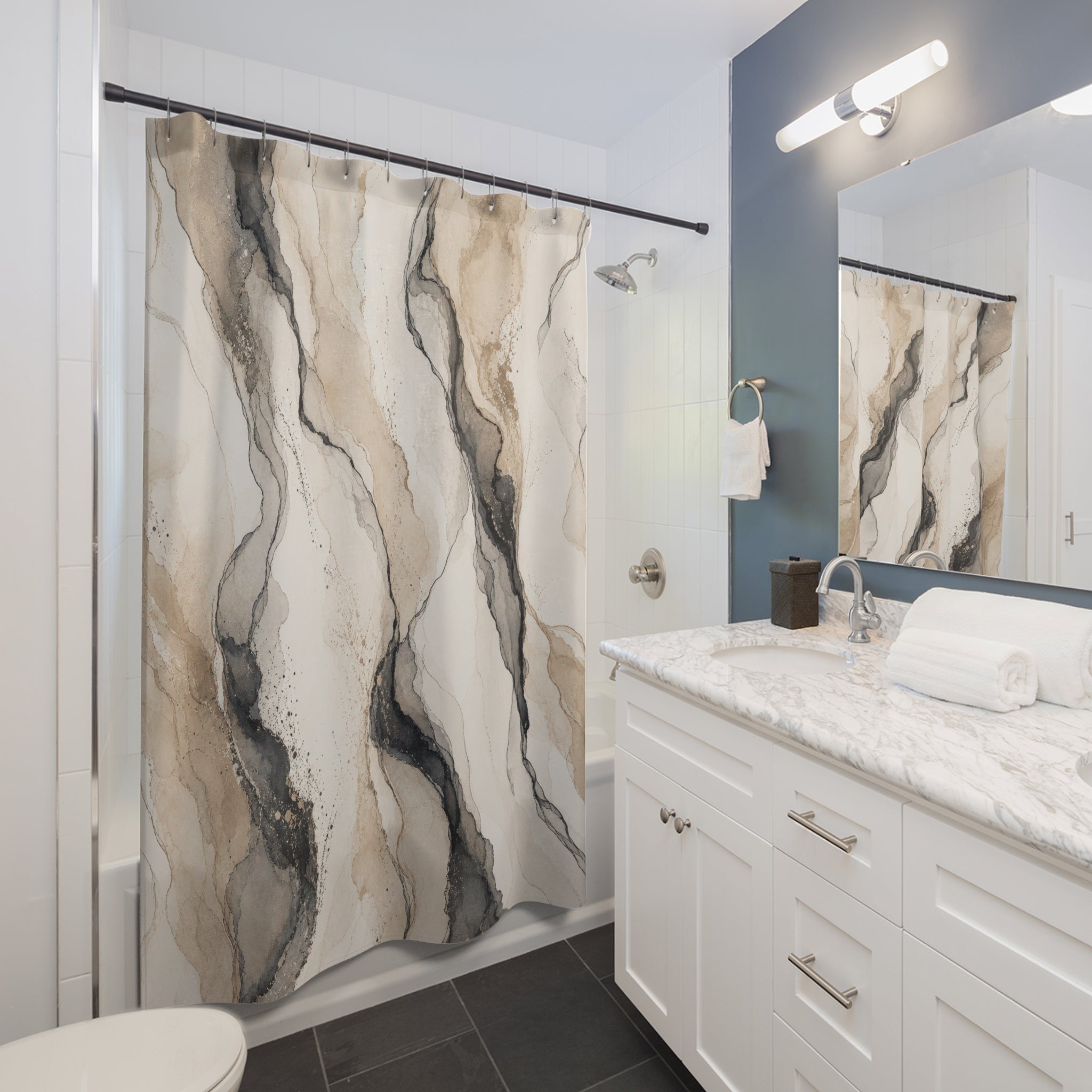 Black Beige Abstract Stone Shower Curtain