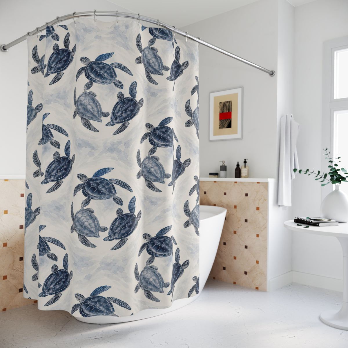 Navy and slate-blue sea turtle trios shower curtain beside a freestanding tub