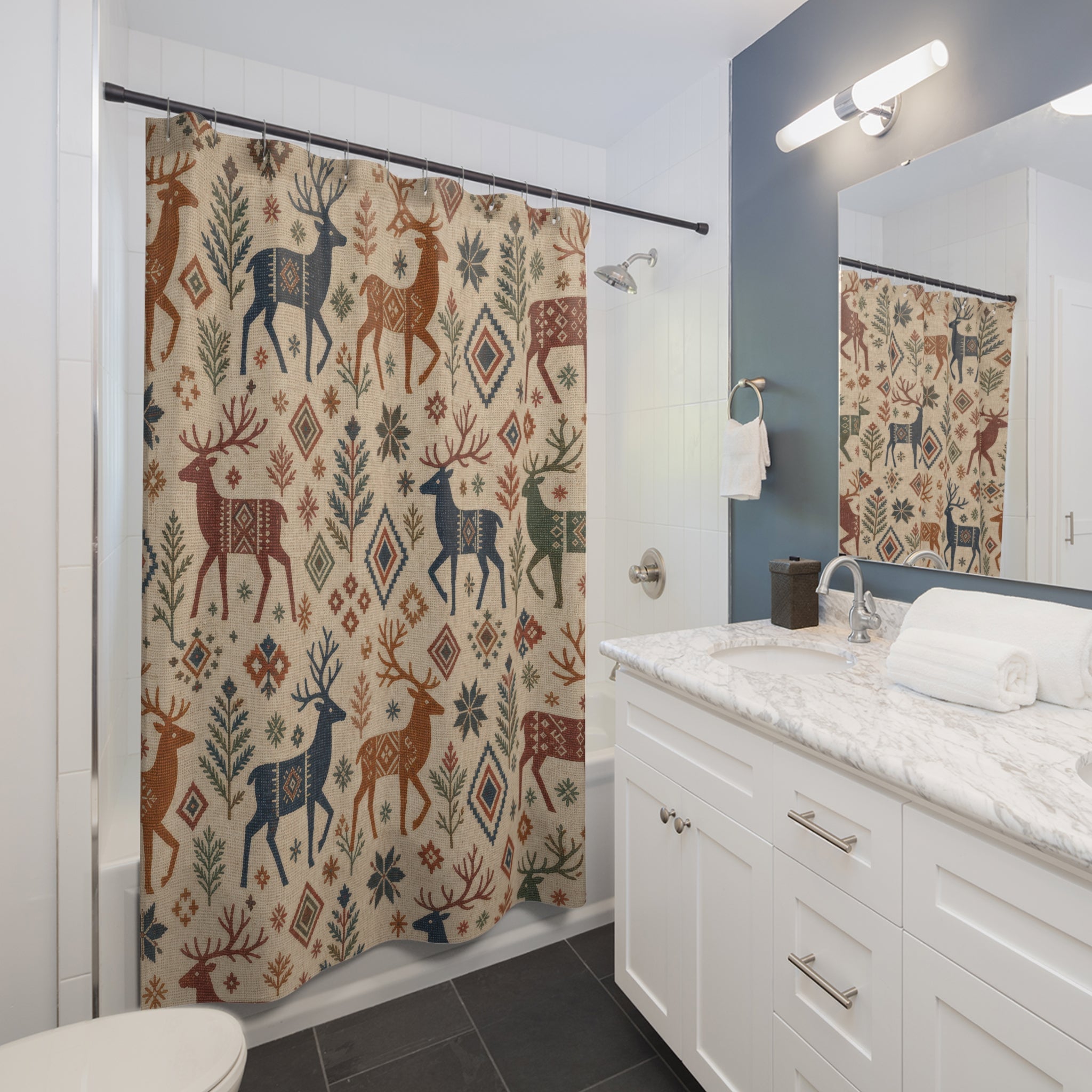 Nordic Reindeer Christmas Shower Curtain, Rust Indigo Woven Holiday Pattern, Scandinavian Winter Bathroom Decor, Cozy Guest Bath