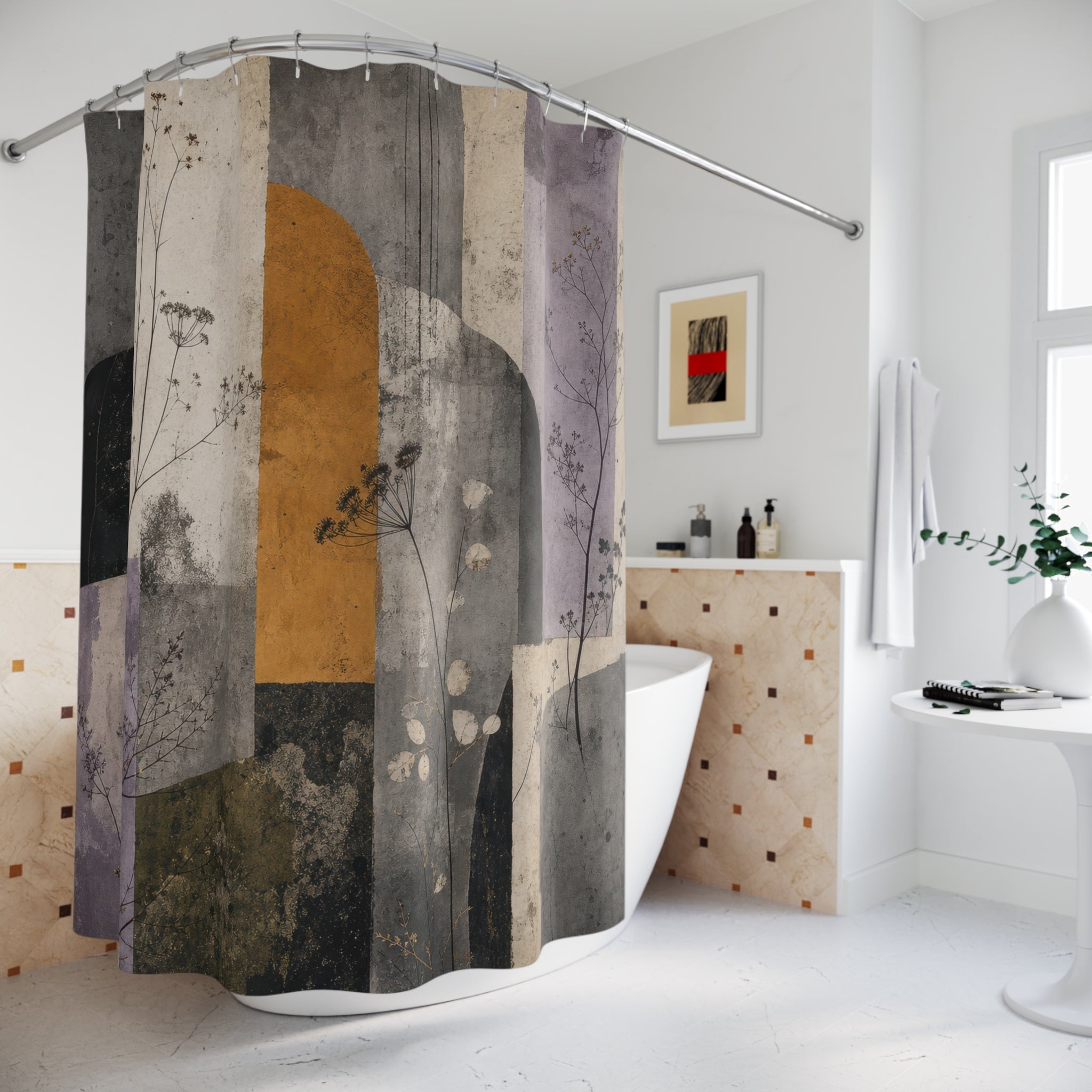 Art Deco Shower Curtain, Grey Purple Abstract Arches, Black Gold Modern Art Bath Decor, Geometric Guest Bathroom, Small Bath, Dark Decor
