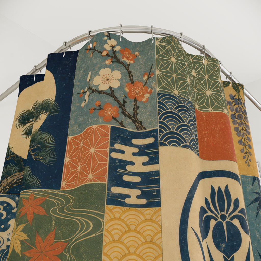 Japanese seasonal crest patchwork with cranes waves and blossoms shower curtain with close-up print, hooks, and folds