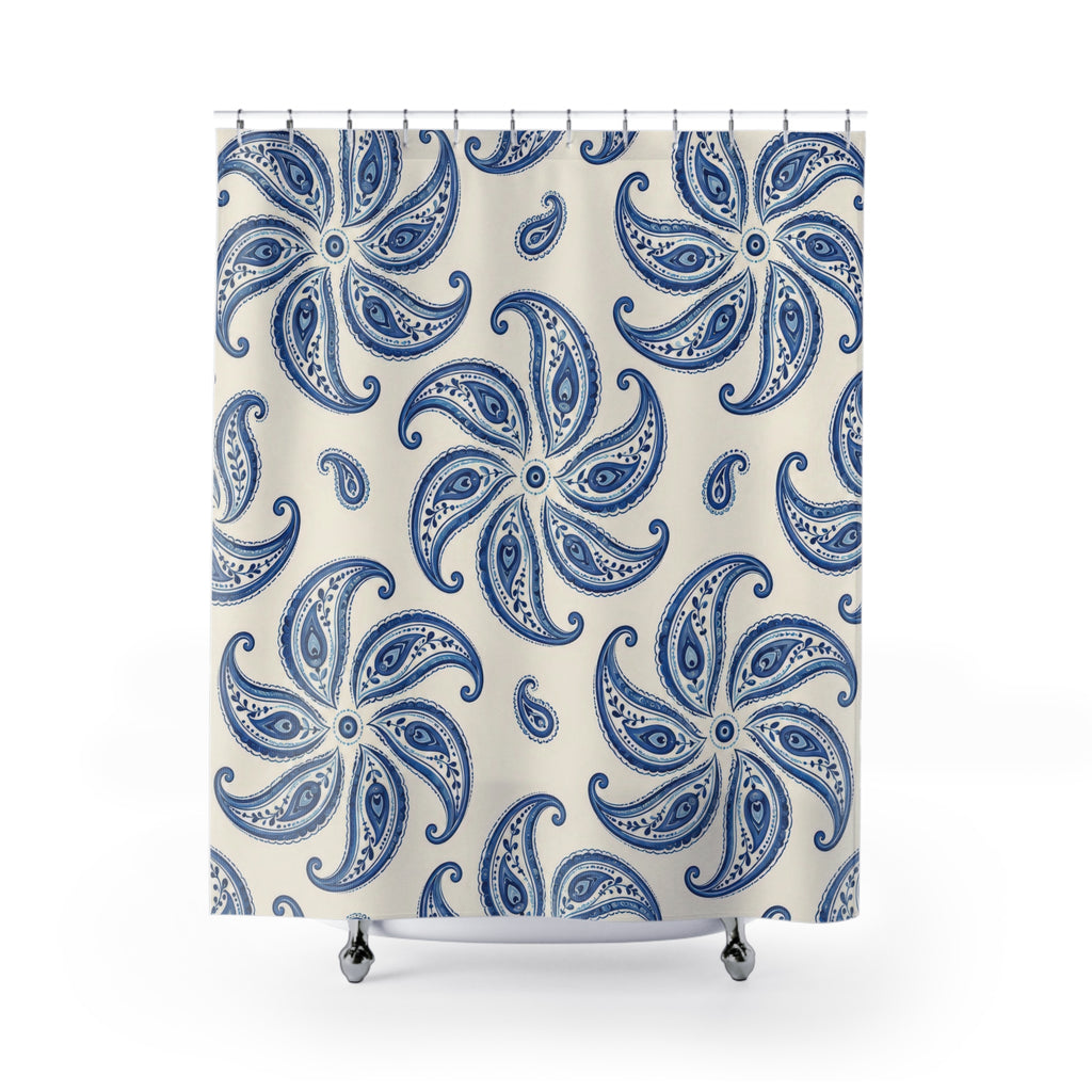 Cobalt blue paisley pinwheel medallions on ivory shower curtain with full front view