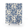 Cobalt blue paisley pinwheel medallions on ivory shower curtain with full front view