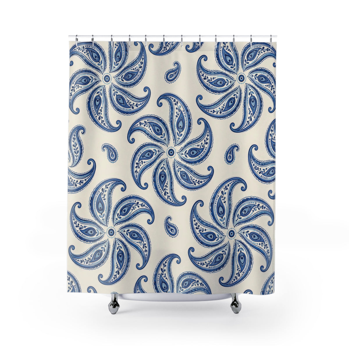 Cobalt blue paisley pinwheel medallions on ivory shower curtain with full front view