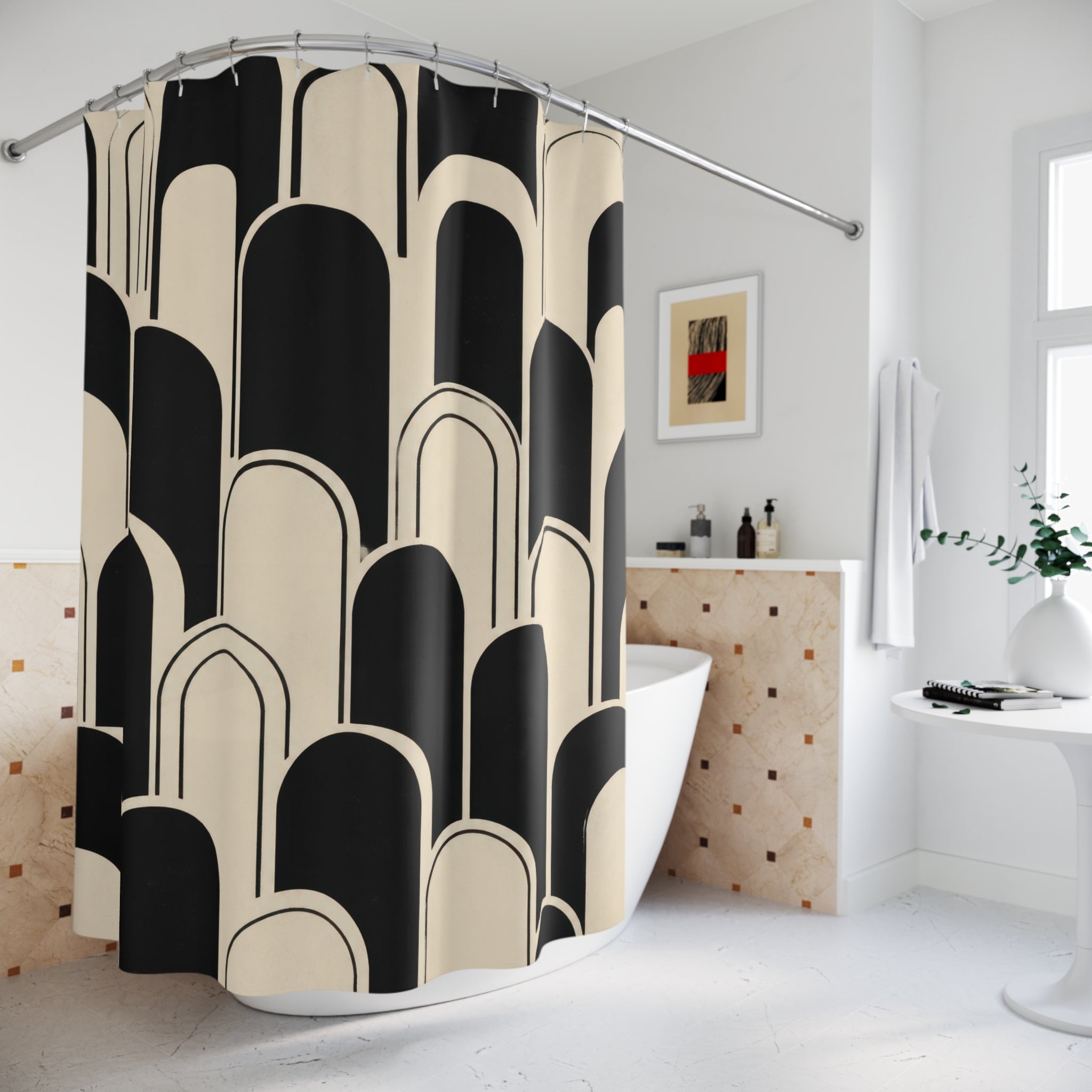 Black Cream Rounded Arch Shower Curtain