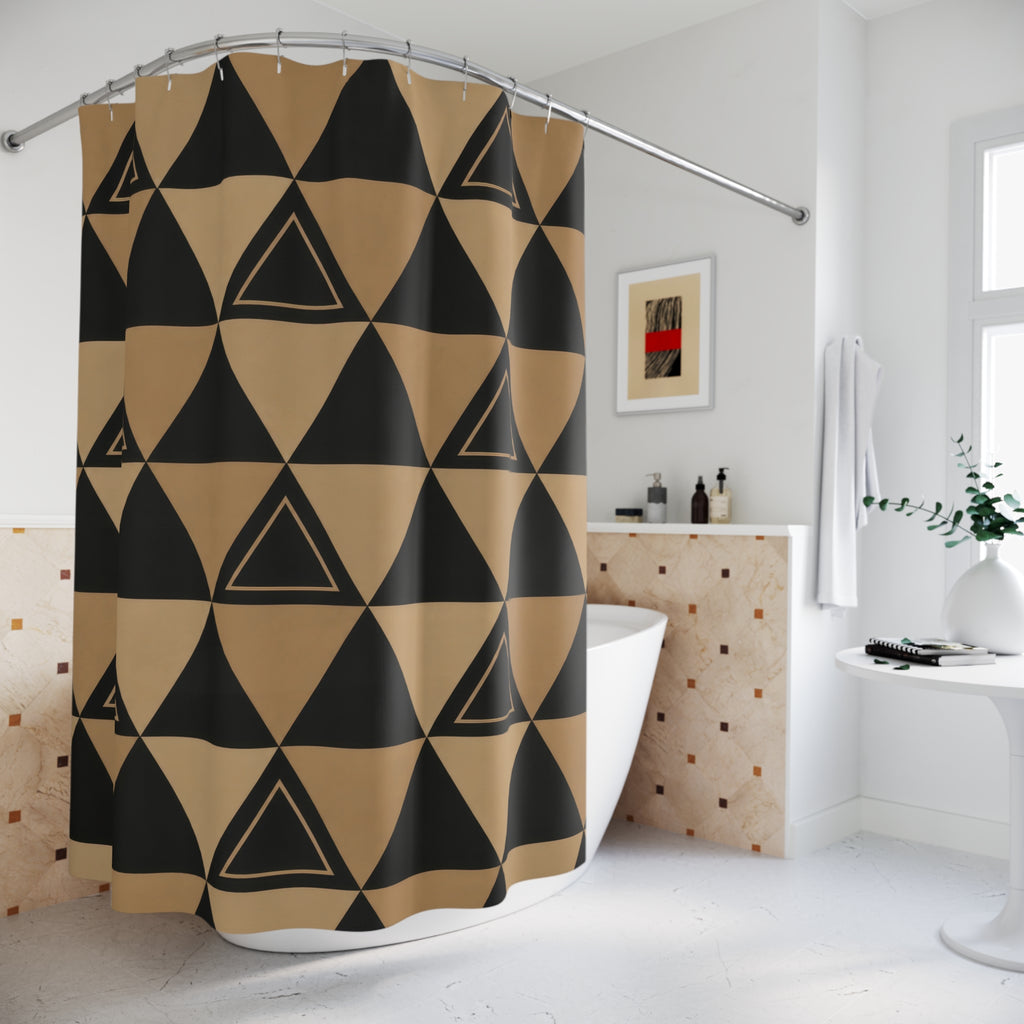 Black and tan geometric triangle shower curtain beside a freestanding tub