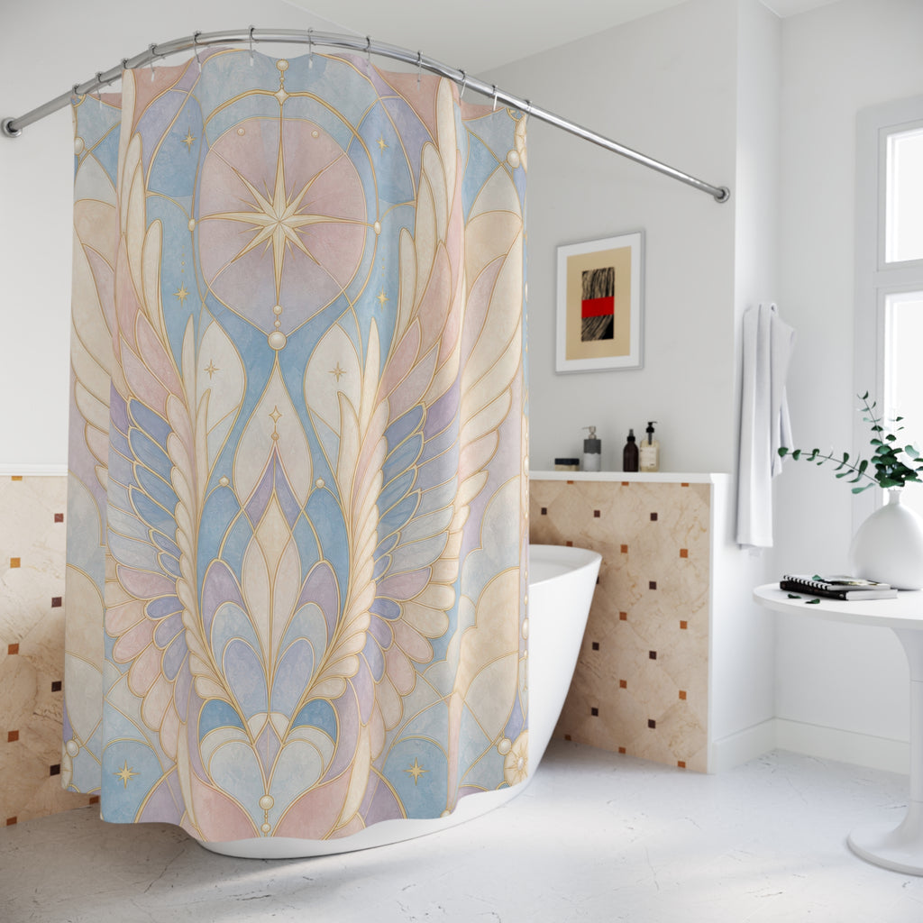 Stained Glass Shower Curtain, Angel Wing Bath Decor, Pastel Blue Blush Feather Pattern, Celestial Art Nouveau Guest Bathroom Decor