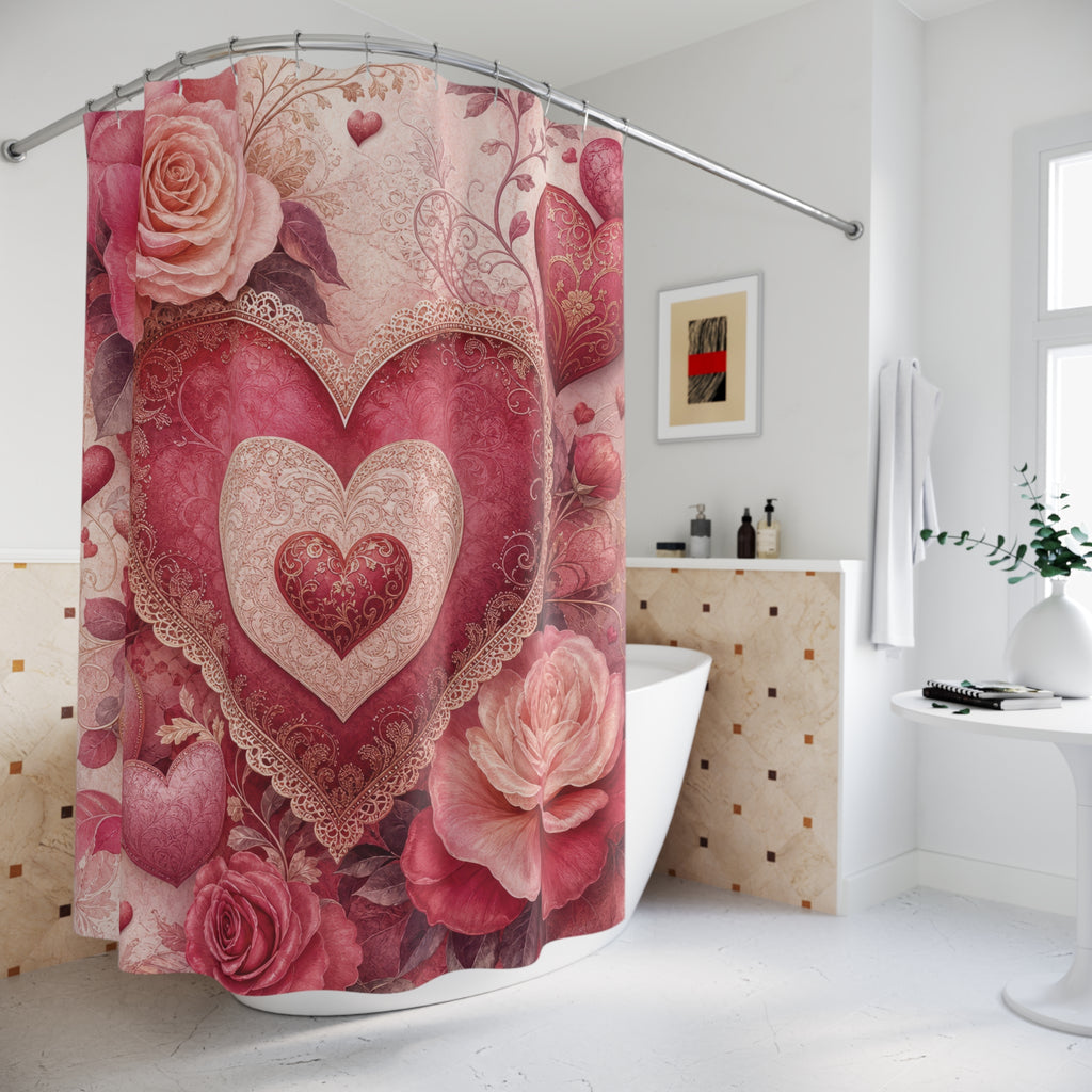 Valentine Shower Curtain: Pink Heart Rose Floral