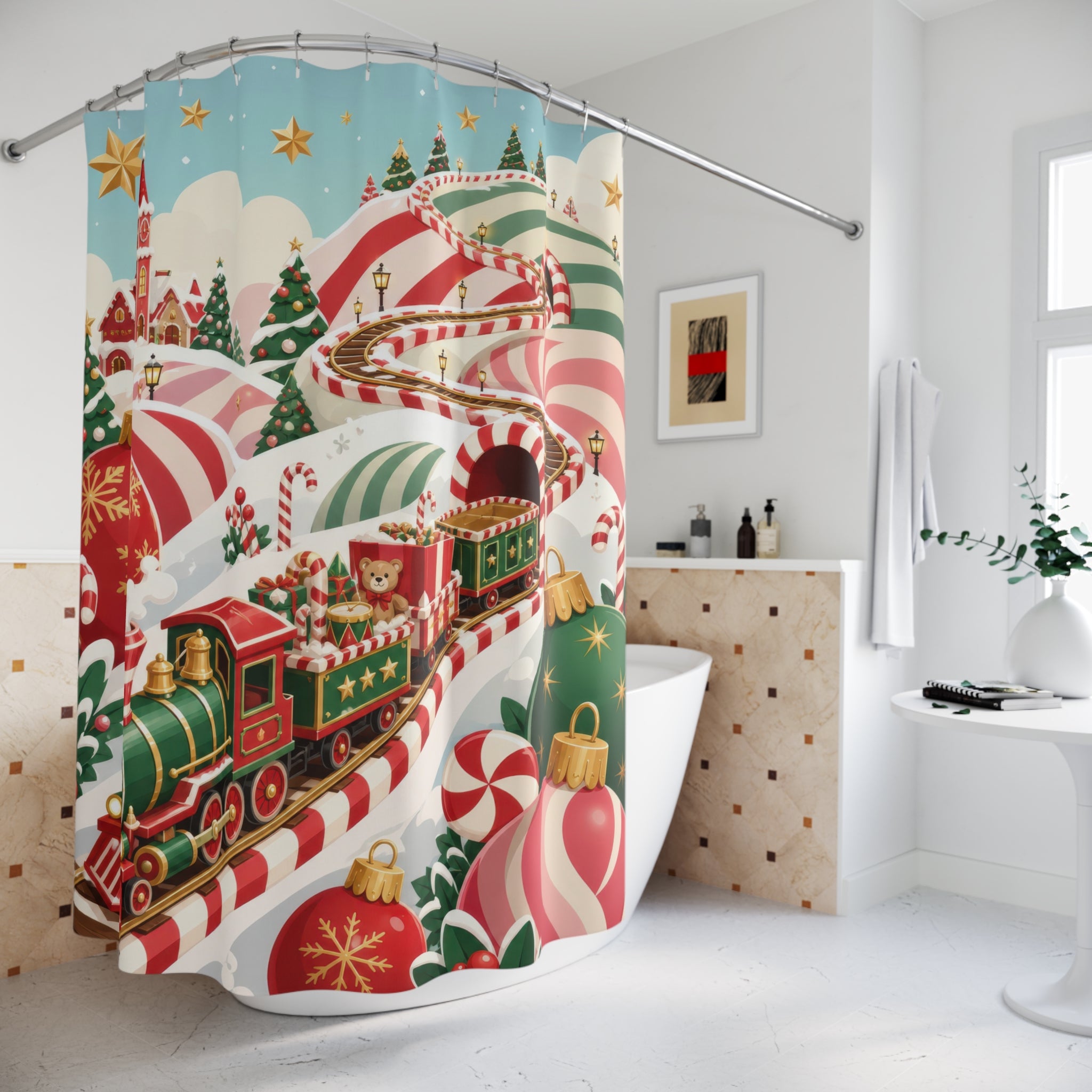 Toy train crossing peppermint-striped Christmas hills shower curtain beside a freestanding tub