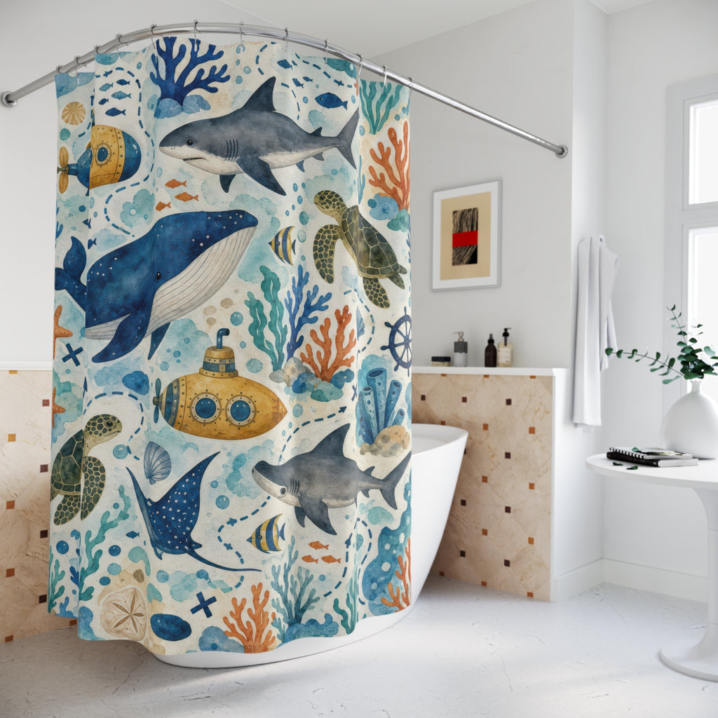 Ocean Adventure Shower Curtain, Whale and Sea Turtle Bathroom Decor, Submarine Bath Curtain, Coastal Kids Bathroom Art, Blue Bath, Bath Art