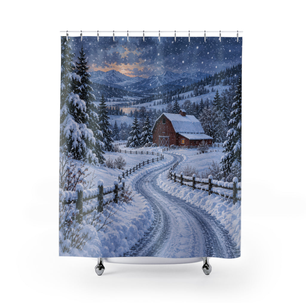 Red barn beside a snowy country lane shower curtain with full front view