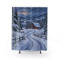 Red barn beside a snowy country lane shower curtain with full front view