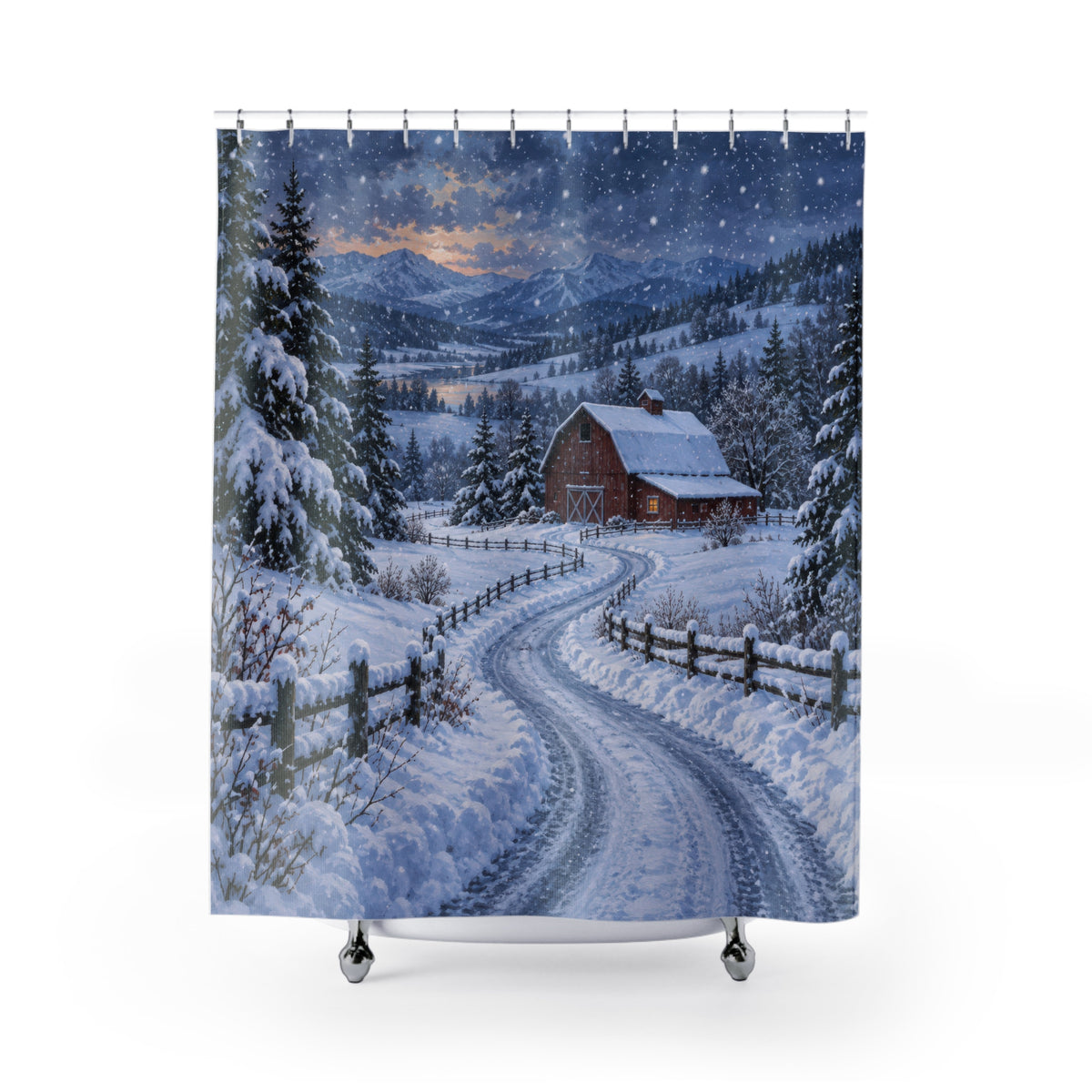 Red barn beside a snowy country lane shower curtain with full front view