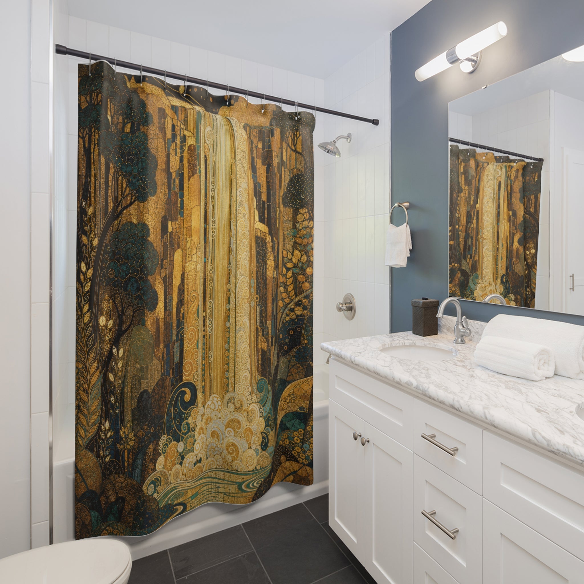 Gold Waterfall Landscape Print Shower Curtain